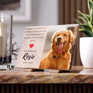 Op de afbeelding: Een gedenkplaat met een foto van een golden retriever hond. De plaat heeft de tekst "Goodbyes are not forever. Goodbyes are not the end. They simply mean I'll miss you until we meet again."  Het heeft ook een rood hart en de tekst "In Loving Memory Rosie 2010-2023".