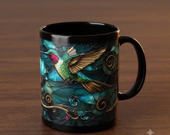 Stained Glass Hummingbird Hibiscus Floral Mug | Black Ceramic Coffee Cup
