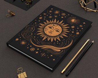 Diario de tapa dura con sol, luna y estrellas celestiales, diario de sueños