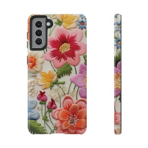 Cottagecore Faux Embroidery Floral Garden Protective Phone Case | Google Pixel 5 6 7 Galaxy S10 S20 S21 S22 S23 Plus Ultra