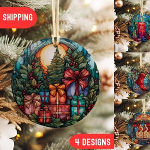 Custom 2024 Christmas Ornament set, Stained Glass Aesthetic Family Christmas Ornament, Christmas Round Ornament, Cute Christmas Gift