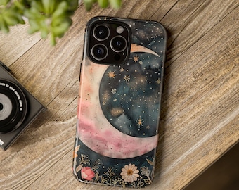 Cottagecore Floral Moon Starry Night Phone Case Samsung S26 S25 S24 iPhone 17 16 15 14 13 12 Pro Max Pixel 6 7 8 9 pro Vintage Phone Cover