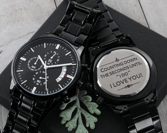 Custom Engraved Black Chronograph Watch: Personalized Stainless Steel Gift