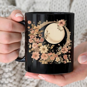Celestial Floral Moon Coffee Mug: Boho Cottagecore Witchy Gift