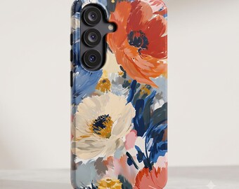 Watercolor Floral Tough Phone Case | Bold Red Blue Flowers, Protective iPhone Cover