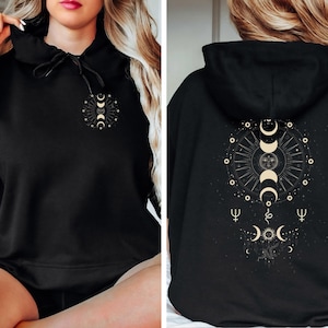 Cute Boho Celestial Moon Phases Mystical Hoodie, Witchy Hoodie, Celestial Spiritual Sweatshirt, Hoodie design on front and back