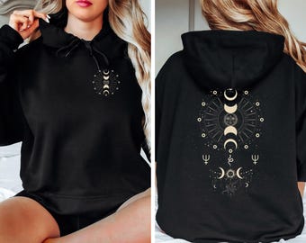 Boho Celestial Moon Phases Hoodie, Witchy Spiritual Sweatshirt