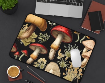 "Pilz Schreibtischmatte: Dunkles ""Cottagecore"" botanisches Mousepad."