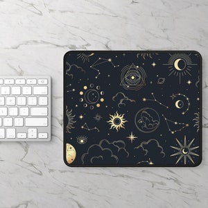 Boho Celestial Moon & Stars Square Mousepad, Mystical Tarot Moon Phases Aesthetic Custom Gaming Mouse Pad, Computer Accessories, Desk Decor