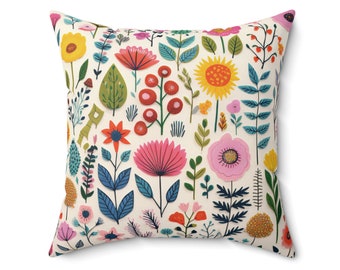 Könnte beinhalten: Ein weißes Kissen mit einem bunten Blumenmuster. Das Muster zeigt rosa, rote, gelbe, blaue und grüne Blumen und Blätter.
