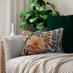 Boho Flower Lumbar Pillow, Floral Faux Embroidery Aesthetic Pillow, Couch Throw Pillow, Decorative Cottagecore Wildflower pillow cover