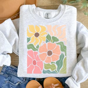 Boho Abstrakte Blumen Sweatshirt, Retro Floral Pullover, Botanisches Übergroßes Sweatshirt, Trendy Blumen Print Shirt