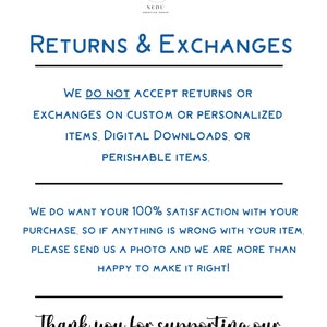 Pode incluir: Fundo branco com texto azul detalhando a pol&iacute;tica de devolu&ccedil;&otilde;es e trocas. Declara que as devolu&ccedil;&otilde;es n&atilde;o s&atilde;o aceitas em itens personalizados, downloads digitais ou itens perec&iacute;veis. Agradecimento aos clientes.