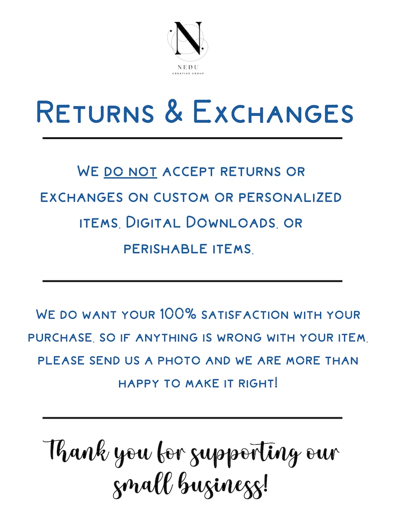 Pode incluir: Fundo branco com texto azul detalhando a pol&iacute;tica de devolu&ccedil;&otilde;es e trocas. Declara que as devolu&ccedil;&otilde;es n&atilde;o s&atilde;o aceitas em itens personalizados, downloads digitais ou itens perec&iacute;veis. Agradecimento aos clientes.