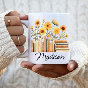 Personalized Floral Bookshelf Ceramic Coffee Mug, Custom Name Mug, Bookworm Gift for Reader, Librarian Mug, Gift for Book Lover