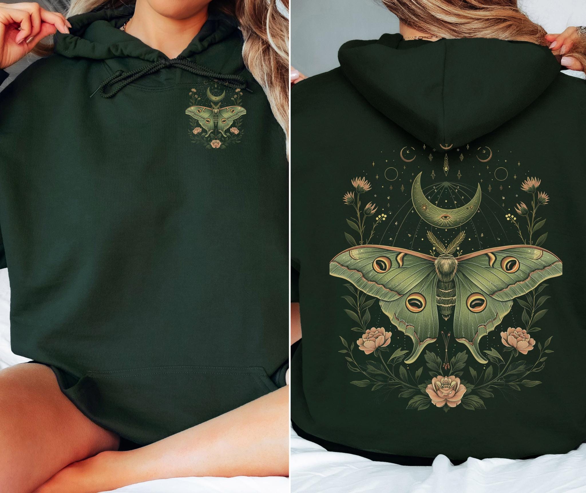 Floral Luna Moth Crescent Moon Hoodie: Celestial Cottagecore 