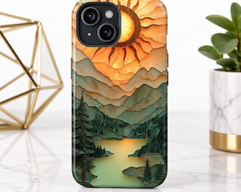 Sunburst Mountain Landscape phone case | layered hills, forest river, sunset art fo iPhone & Samsung
