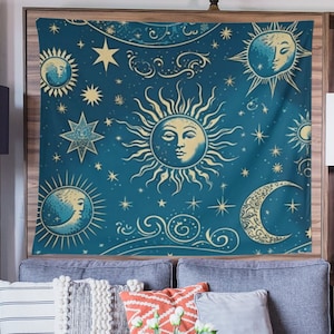 Boho Celestial Sun Moon Stars Mystical wall Tapestry Aesthetic, Vintage Wall Hanging for livng room, Goth Home Decor, Wall Art Decoration