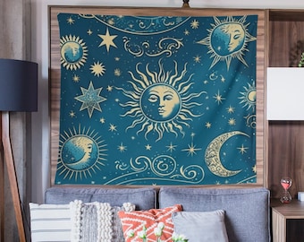 Celestial Sun Moon Stars Tapestry: Boho Goth Home Decor