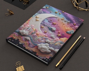 Moon & Stars Pastel Dream Journal, Phases of the Moon 3d print, Wellness Journal, Tarot Journal, Meditation Journal, Shadow Work Journal