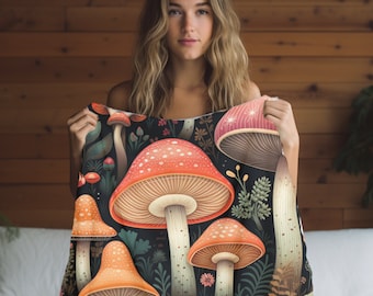 Mushroom Plush Fleece Blanket: Cottagecore Forest Throw