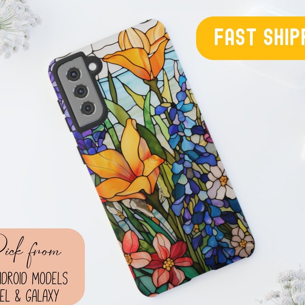 Cottagecore Wildflower Stained Glass Aesthetic Phone Case for Google Pixel 5 6 7, Galaxy S10 S20 S21 S22 S23 Plus Ultra, Fairycore PhoneCase