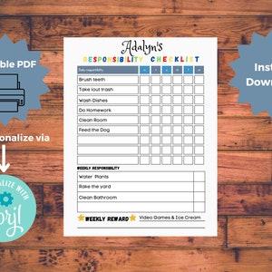 Chore Chart for Kids | Editable Responsibility Checklist with Corjl | Chores Checklist  Printable | Kid Routine Chart | Instant Download PDF