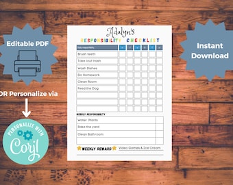 Editable Kids Chore Chart: Responsibility Checklist (Instant Download PDF)