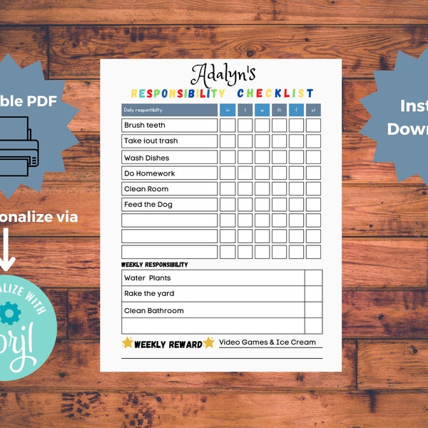 Editable Kids Chore Chart: Responsibility Checklist (Instant Download PDF)