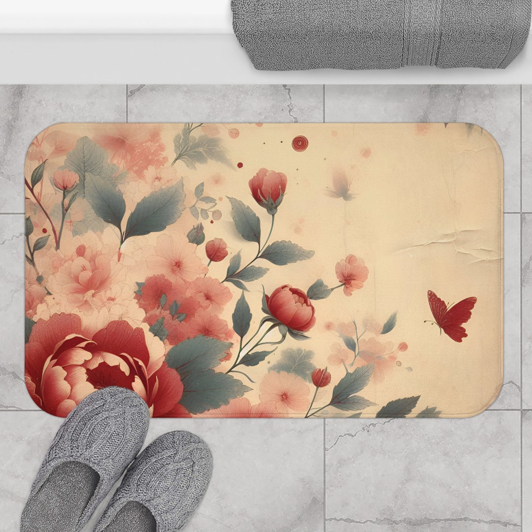 Cottagecore Wildflower Shabby Chic Aesthetic Bath Mat, Floral Aesthetic