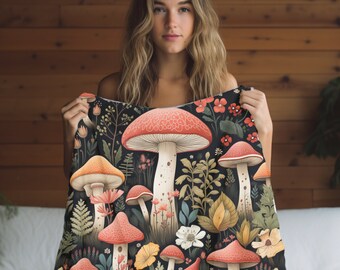 Cottagecore Mushroom Plush Fleece Blanket: Botanical Forest Throw