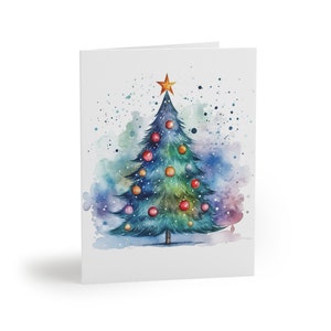 Set of 8 16 24 Watercolor Christmas Tree Holiday Cards with white Envelope, Christmas Greeting Cards, Christmas Notecard, Festive Postcards