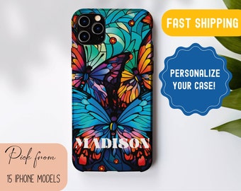 Personalized Butterfly Stained Glass iPhone Case, Protective Phone Cover