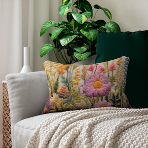 Boho Flower Lumbar Pillow, Floral Faux Embroidery Aesthetic Pillow, Couch Throw Pillow, Decorative Cottagecore Wildflower pillow cover