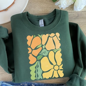 Boho Abstrakte Blumen Sweatshirt, Retro Floral Pullover, Botanisches Übergroßes Sweatshirt, Trendy Blumen Print Shirt