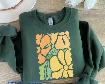 Boho Floral Sweatshirt: Retro Abstract Flower Print Oversized Sweater
