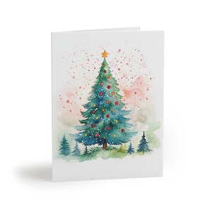Set of 8 16 24 Watercolor Christmas Tree Holiday Cards with white Envelope, Christmas Greeting Cards, Christmas Notecard, Festive Postcards