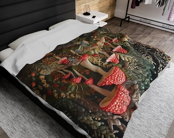 Couverture en peluche Cottagecore en velouté champignon : décor de forêt enchantée