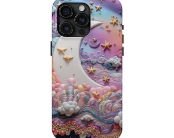 Celestial Moon Stars Protective Phone Case | iPhone 7, 8, 11, 12, 13, 14, 15, Pro, Pro Max, SE/X/XR/XS | Pastel Embroidered Look phone case