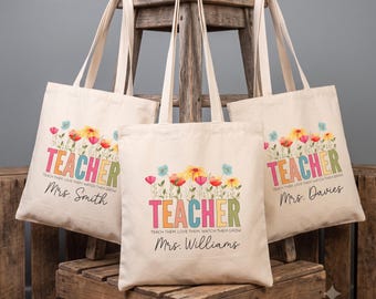 Personalized Teacher Canvas Bag | Watercolor Floral TEACHER Tote
