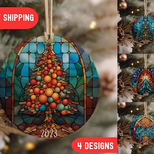 Custom 2023 Christmas Ornament set, Stained Glass Aesthetic Family Christmas Ornament, Christmas Round Ornament, Cute Christmas Gift