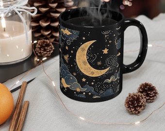 Celestial Moon Stars Coffee Mug, Dark Academia Witchy Aesthetic