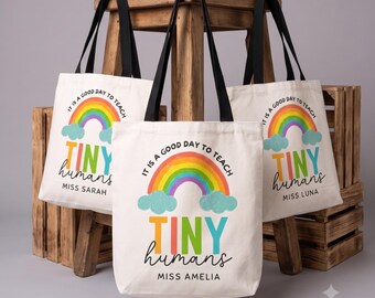 Personalized Teacher Bag | Custom name Tiny Humans rainbow design Tote