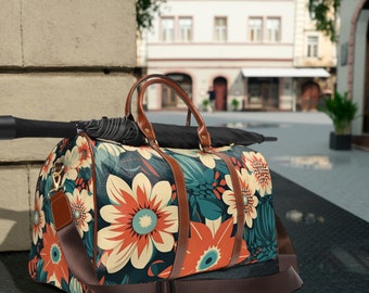 Retro Flower Printed Carryon Luggage Women | Custom Waterproof Travel Bag | Overnight Week Bag | Oversized Tote | Shoulder Bag | Mothers Day