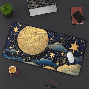 Simpatico tappetino da scrivania Celestial Moon & Stars, tappetino da scrivania estetico mistico, tappetino per mouse grande personalizzato, tappetino da scrivania perfetto per i giochi in ufficio a casa
