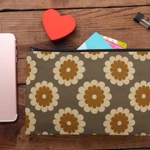Vintage Polyester Floral Print Accessory Pouch w T-bottom, cosmetic bag, small travel bag, pencil bag for women
