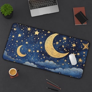 Simpatico tappetino da scrivania Celestial Moon & Stars, tappetino da scrivania estetico mistico, tappetino per mouse da gioco personalizzato, tappetino da scrivania perfetto per l'ufficio domestico