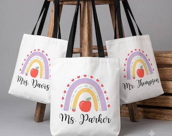 Personalized Rainbow Apple Teacher Canvas Tote Bag | Custom Name School Bag