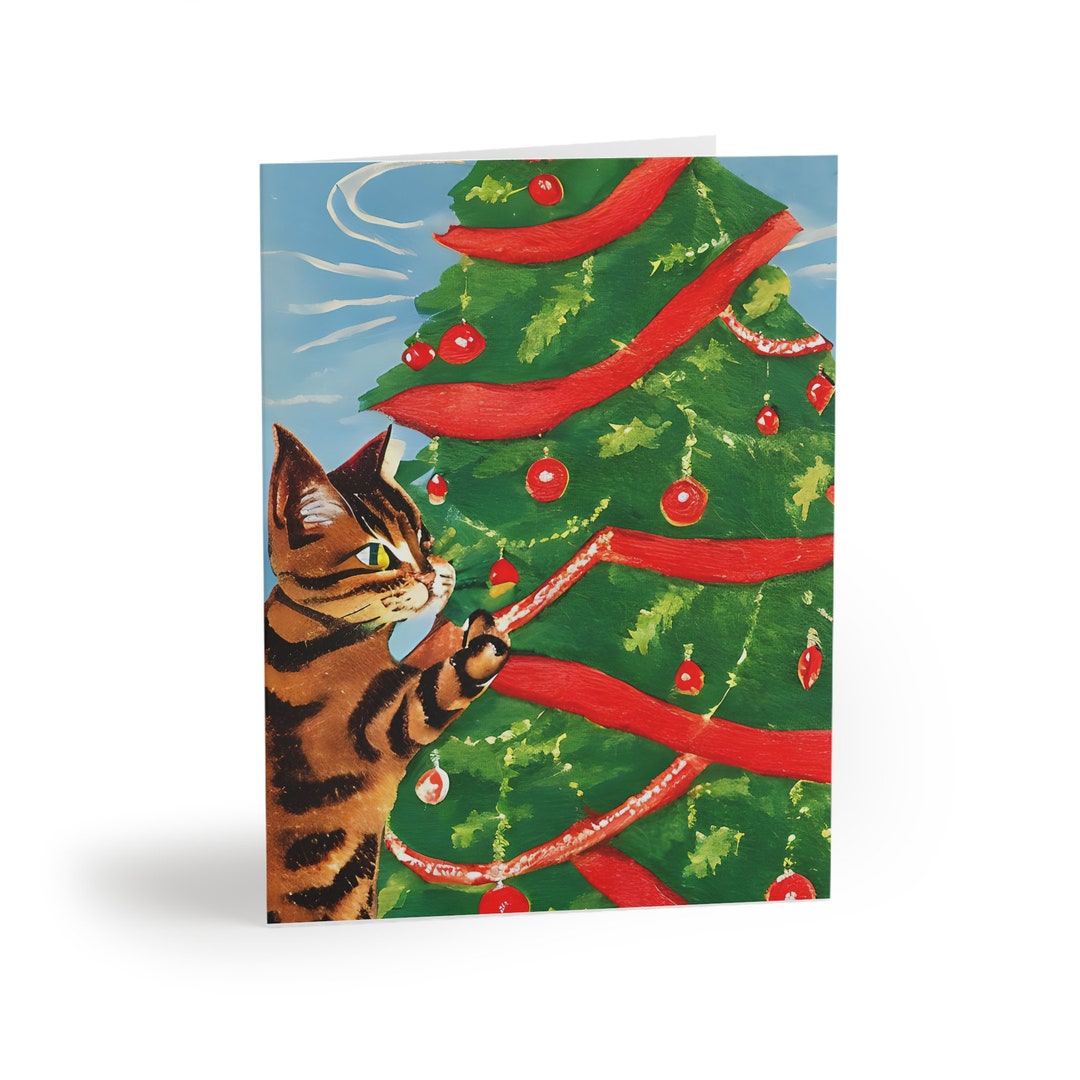 Set of 8 16 24 Watercolor Cute Cat Christmas Holiday Cards With White ...