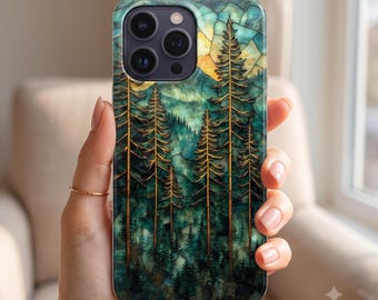 Stained Glass Forest Pines mountain art Phone Case | teal green nature protective cover